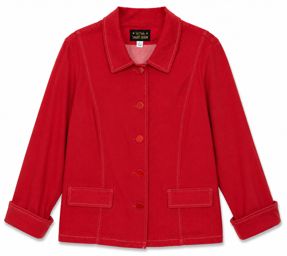 Bob Mackie Smart Denim Red Jacket size L Button Front Stretch Career Casual